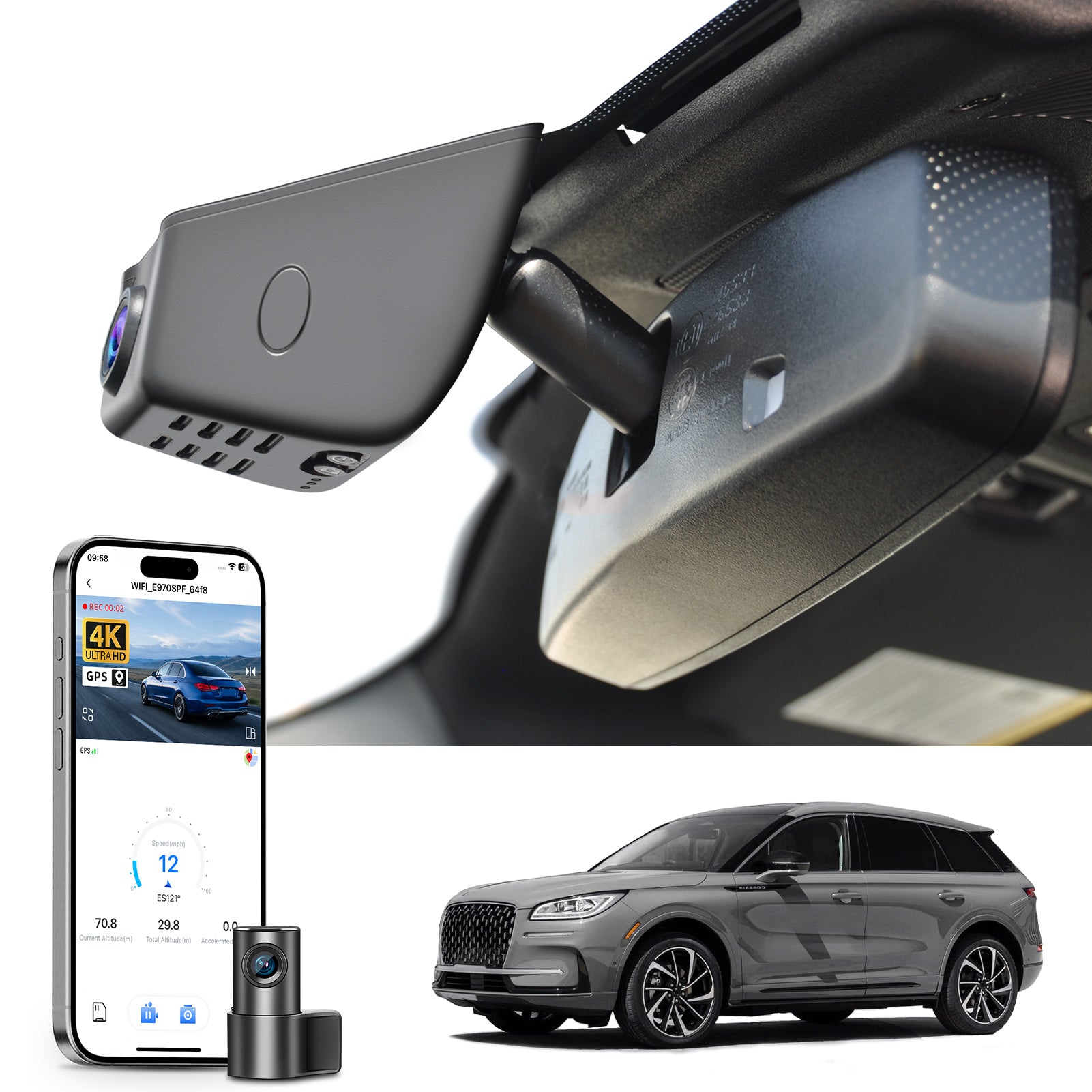 2 channel dash cam with dual STARVIS 2, features smartphone app control, 4K Ultra HD recording, GPS tracking, and Lincoln Corsair models in the background