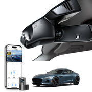 2 channel dash cam with dual STARVIS 2, features smartphone app control, 4K Ultra HD recording, GPS tracking, and  Jaguar F-Type models in the background.