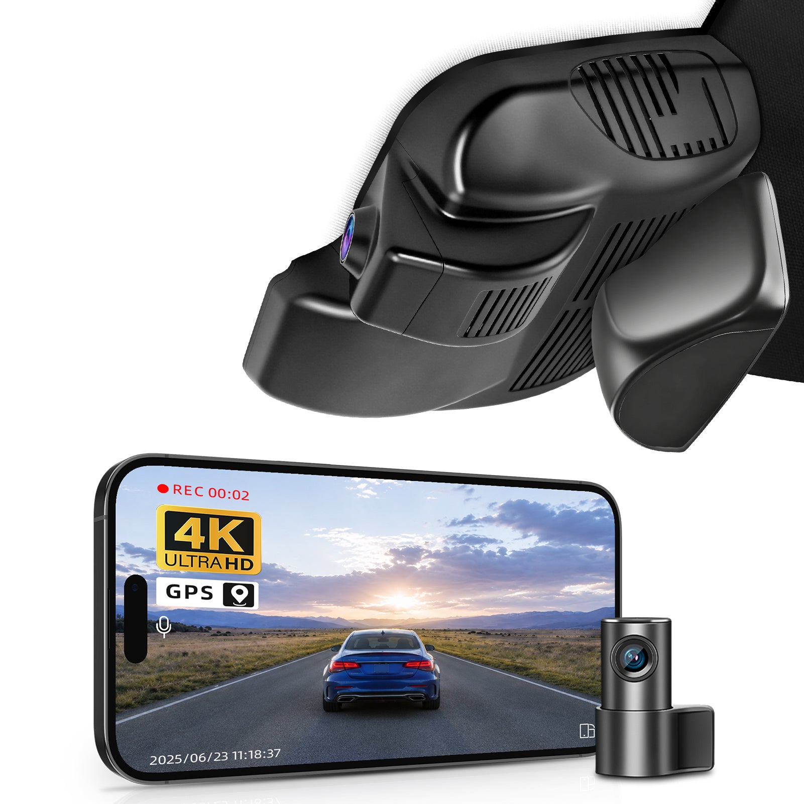 2 channel dash cam with dual STARVIS 2, features smartphone app control, 4K Ultra HD recording, GPS tracking, and Land Mercedes-Benz GLC Gen2 models in the background.