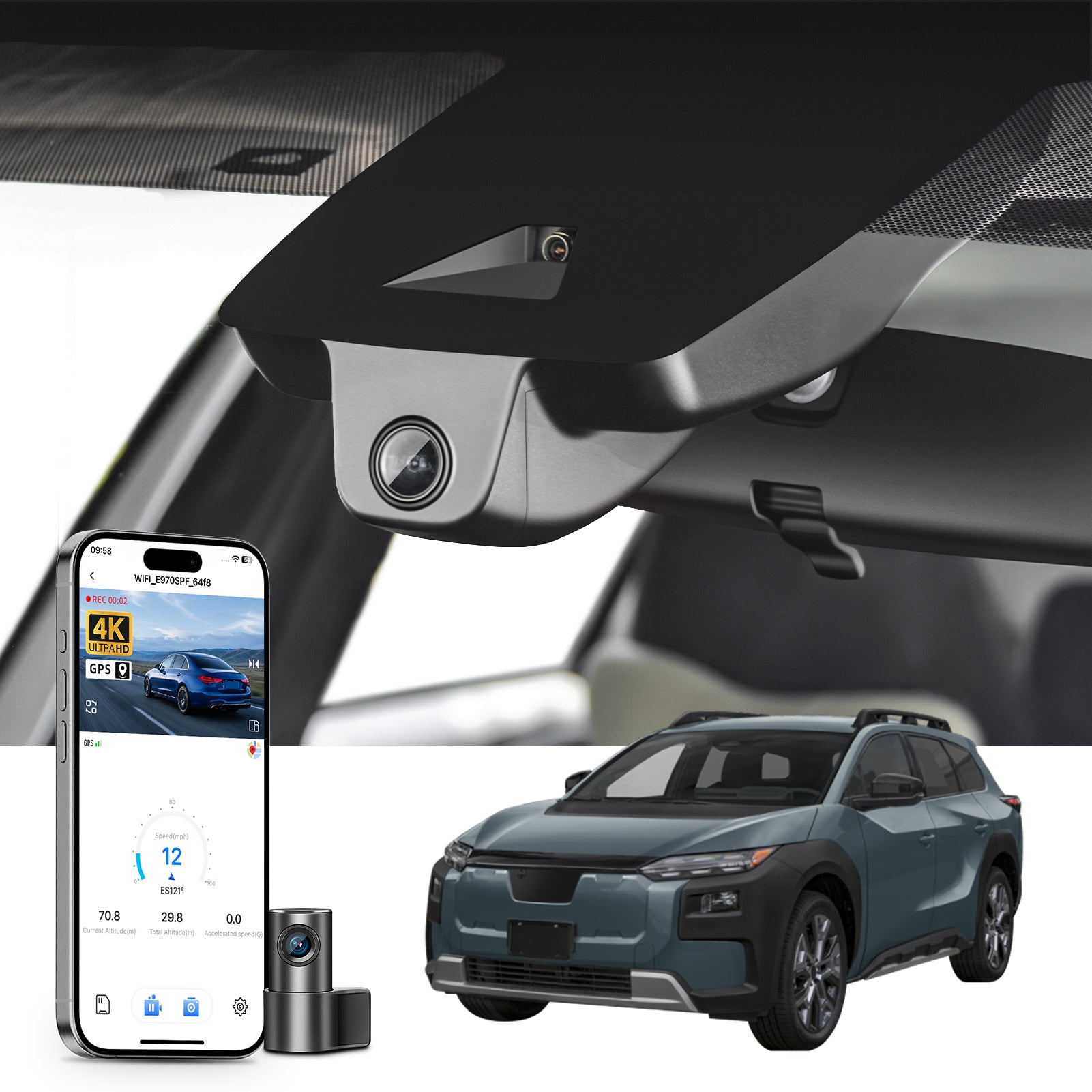 2 channel dash cam with dual STARVIS 2, features smartphone app control, 4K Ultra HD recording, GPS tracking, and Subaru Trailseeker models in the background.
