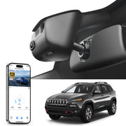 Car rearview mirror built-in dash cam with smartphone app control, 4K Ultra HD recording, GPS tracking and Jeep Cherokee models in the background.