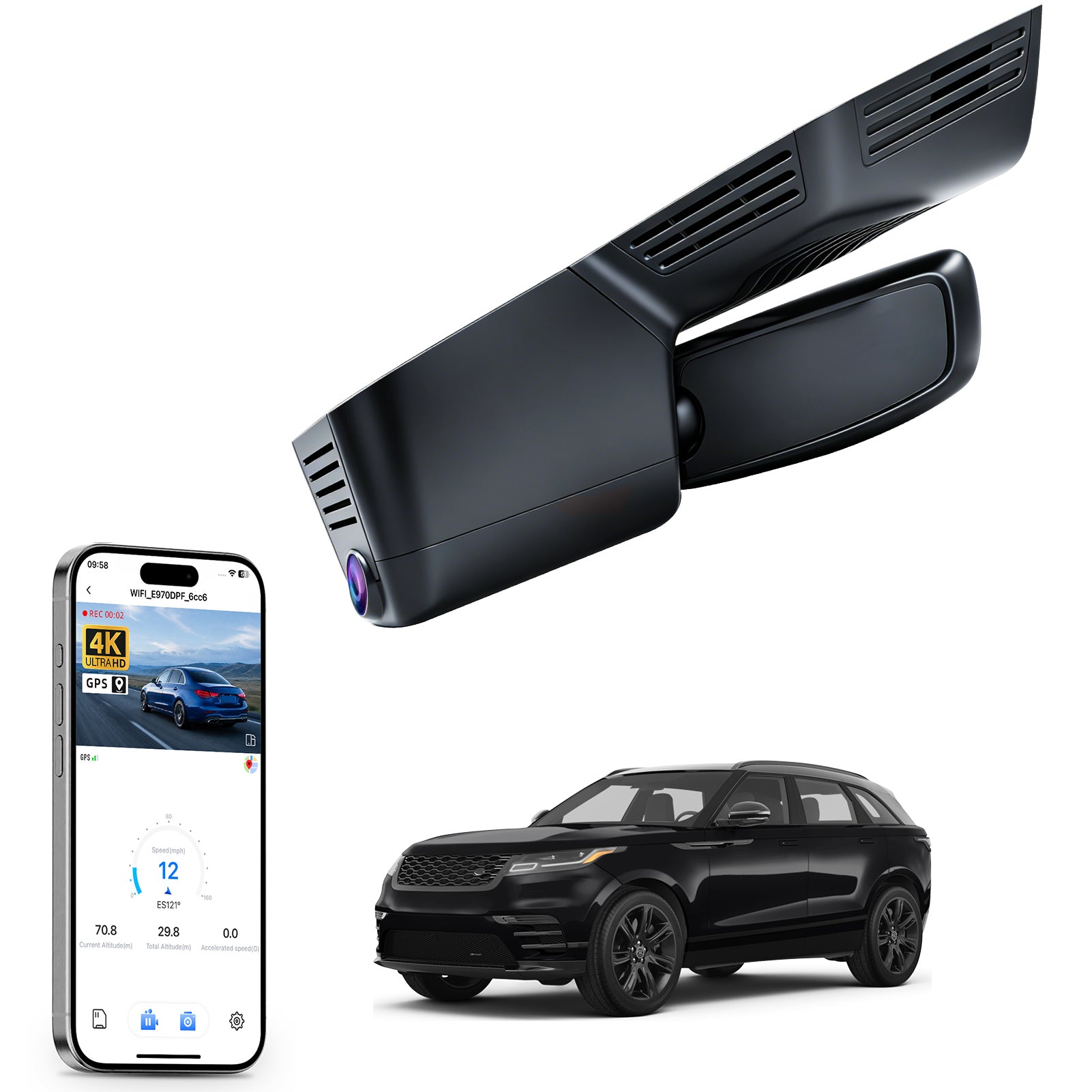 Car rearview mirror built-in dash cam with smartphone app control, 4K Ultra HD recording, GPS tracking and Land Rover Range Roverr Velar models in the background.
