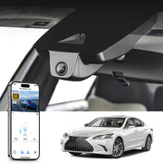 Car rearview mirror dash cam with smartphone app control, 4K Ultra HD recording, GPS tracking, and Lexus ES cars models in the background.