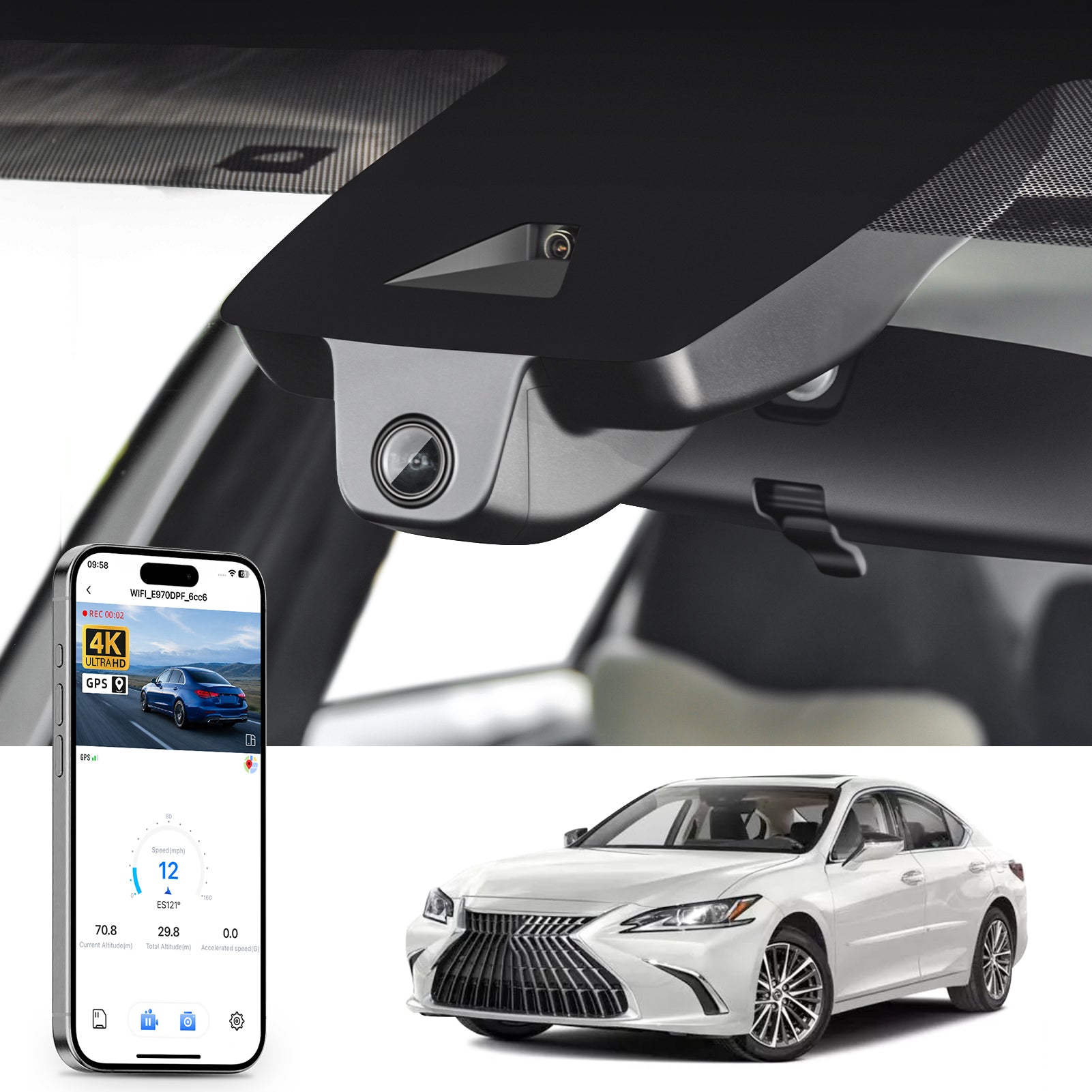 Car rearview mirror dash cam with smartphone app control, 4K Ultra HD recording, GPS tracking, and Lexus ES cars models in the background.