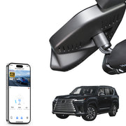 Car rearview mirror built-in dash cam with smartphone app control, 4K Ultra HD recording, GPS tracking and Lexus LX models in the background.