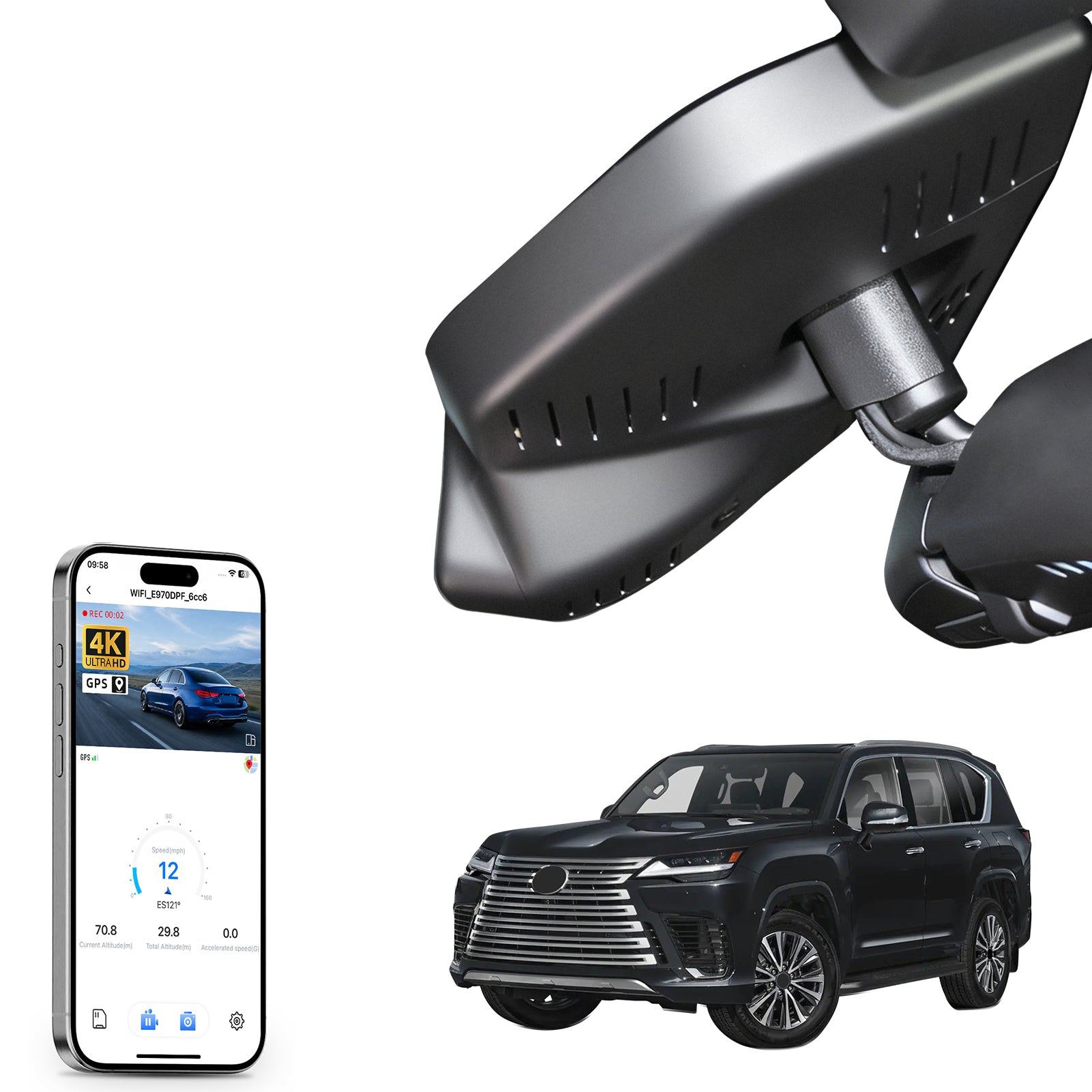 Car rearview mirror built-in dash cam with smartphone app control, 4K Ultra HD recording, GPS tracking and Lexus LX models in the background.
