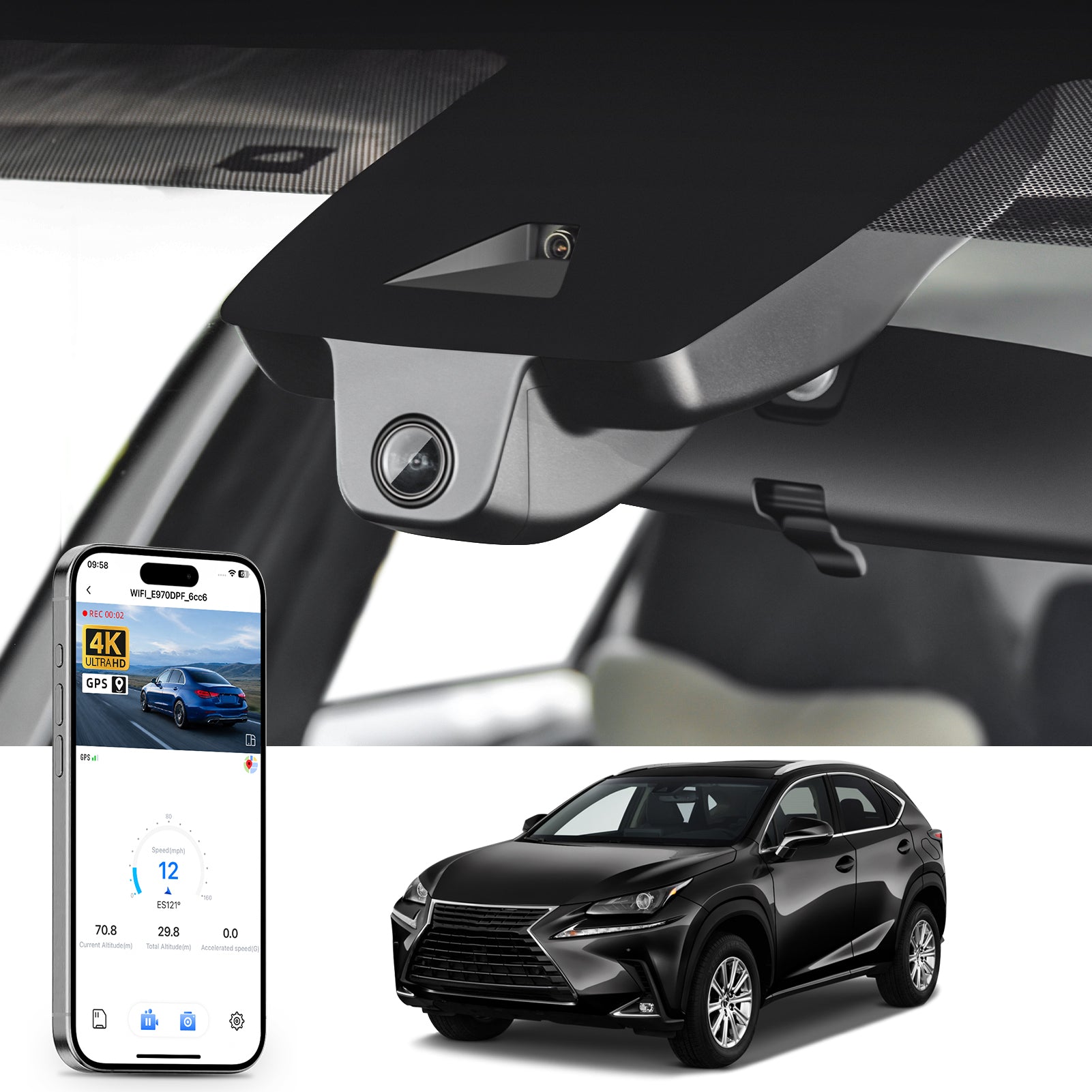 Car rearview mirror built-in dash cam with smartphone app control, 4K Ultra HD recording, GPS tracking and Lexus NX models in the background.