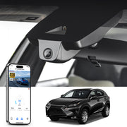 Car rearview mirror built-in dash cam with smartphone app control, 4K Ultra HD recording, GPS tracking and Lexus NX models in the background.