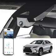 Car rearview mirror built-in dash cam with smartphone app control, 4K Ultra HD recording, GPS tracking and Lexus RX models in the background.