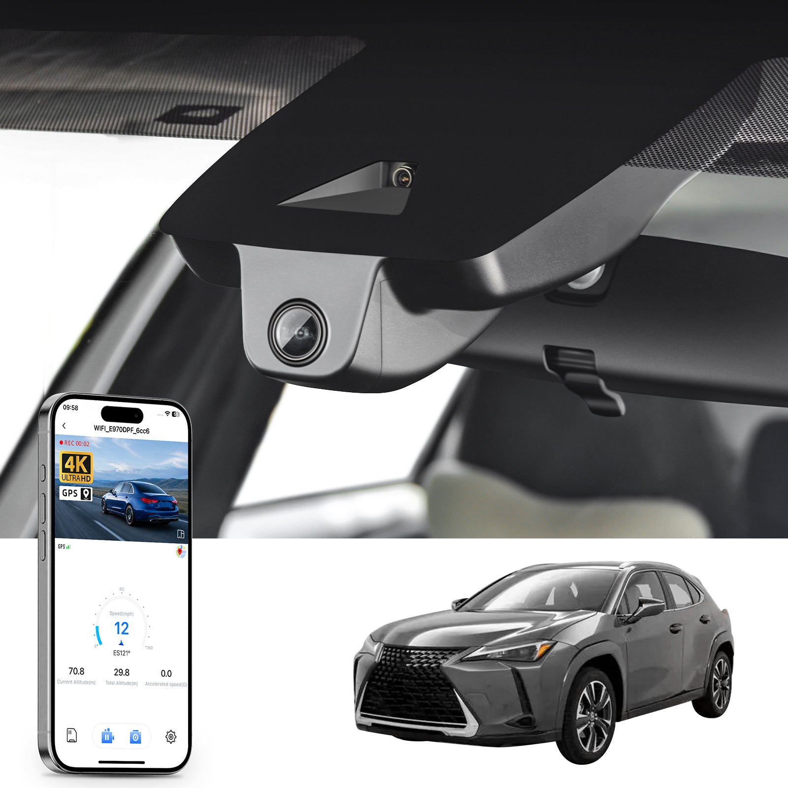 Car rearview mirror built-in dash cam with smartphone app control, 4K Ultra HD recording, GPS tracking and Lexus UX models in the background.
