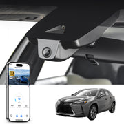 Car rearview mirror built-in dash cam with smartphone app control, 4K Ultra HD recording, GPS tracking and Lexus UX models in the background.