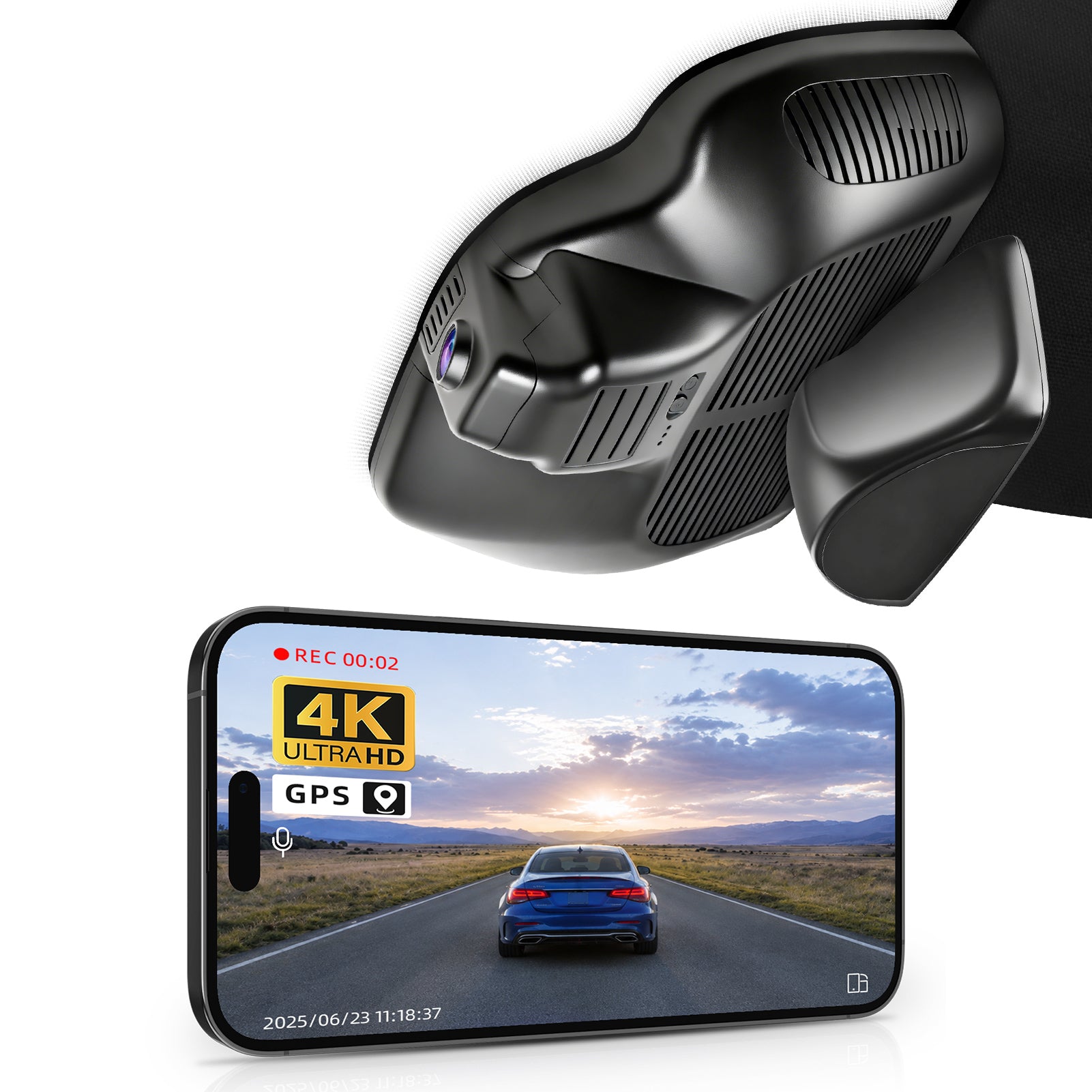 Car rearview mirror built-in dash cam with smartphone app control, 4K Ultra HD recording, GPS tracking and Mercedes-Benz GLC Gen2 models in the background.