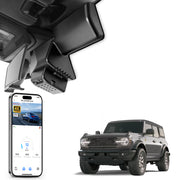 Mangoal rearview mirror built-in dash cam with smartphone app control, 4K Ultra HD recording, GPS tracking, and Ford Bronco models in the background.