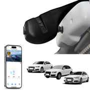 Mangoal rearview mirror built-in dash cam with smartphone app control, 4K Ultra HD recording, GPS tracking, and Audi Black models in the background.