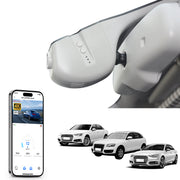 Mangoal rearview mirror built-in dash cam with smartphone app control, 4K Ultra HD recording, GPS tracking, and Audi Gray models in the background.