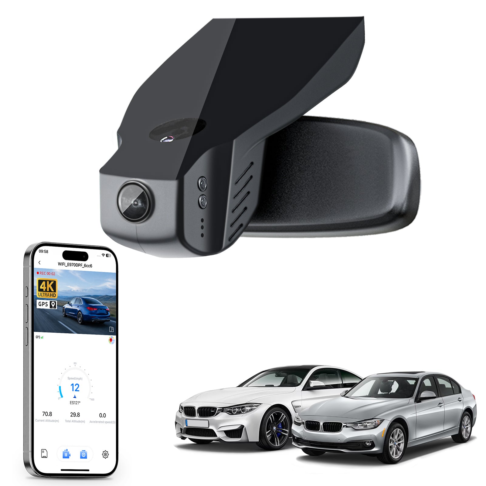 Mangoal rearview mirror built-in dash cam with smartphone app control, 4K Ultra HD recording, GPS tracking, and BMW 3 Series Gen6 models in the background.