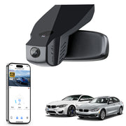 Mangoal rearview mirror built-in dash cam with smartphone app control, 4K Ultra HD recording, GPS tracking, and BMW 3 Series Gen6 models in the background.