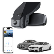 Mangoal rearview mirror built-in dash cam with smartphone app control, 4K Ultra HD recording, GPS tracking, and BMW 4 Series Gen1 models in the background.