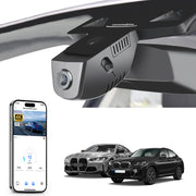 Mangoal rearview mirror built-in dash cam with smartphone app control, 4K Ultra HD recording, GPS tracking, and BMW 4 Series Gen2 models in the background.