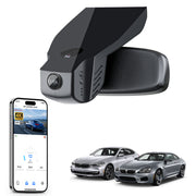 Mangoal rearview mirror built-in dash cam with smartphone app control, 4K Ultra HD recording, GPS tracking, and BMW 6 Series Gen3 models in the background.