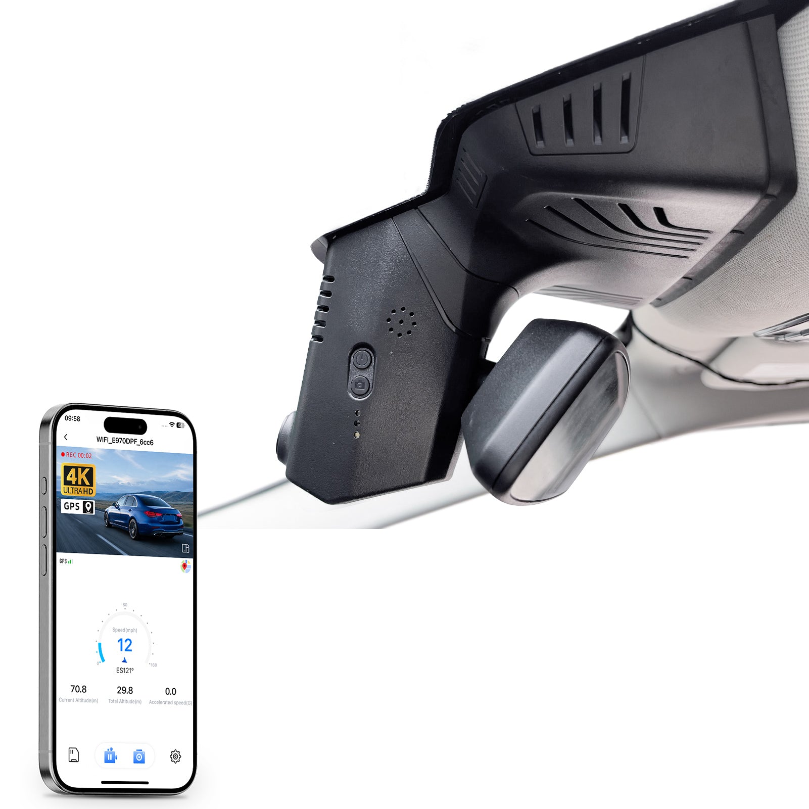 Mangoal rearview mirror built-in dash cam with smartphone app control, 4K Ultra HD recording, GPS tracking, and BMW 7 Series Gen6 models in the background.