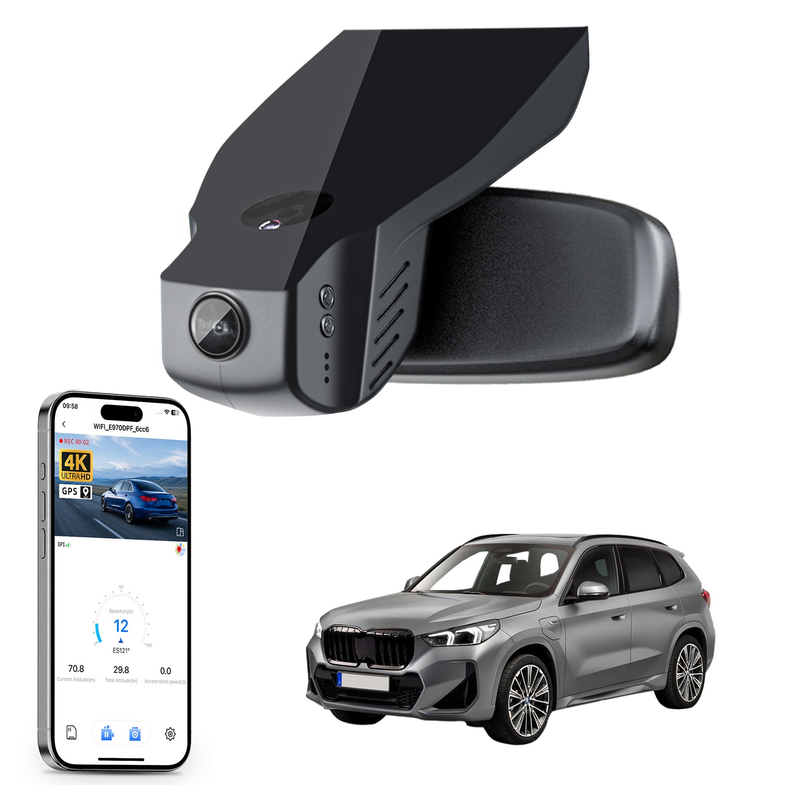 Mangoal rearview mirror built-in dash cam with smartphone app control, 4K Ultra HD recording, GPS tracking, and BMW X1 Gen2 models in the background.