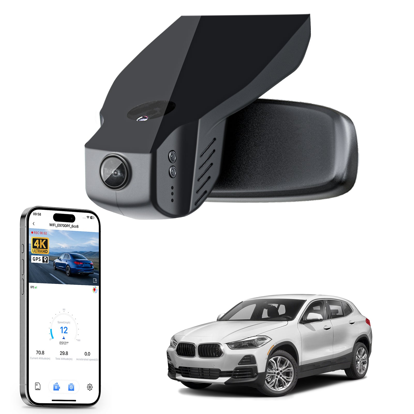 Mangoal rearview mirror built-in dash cam with smartphone app control, 4K Ultra HD recording, GPS tracking, and BMW X2 Gen1 models in the background.