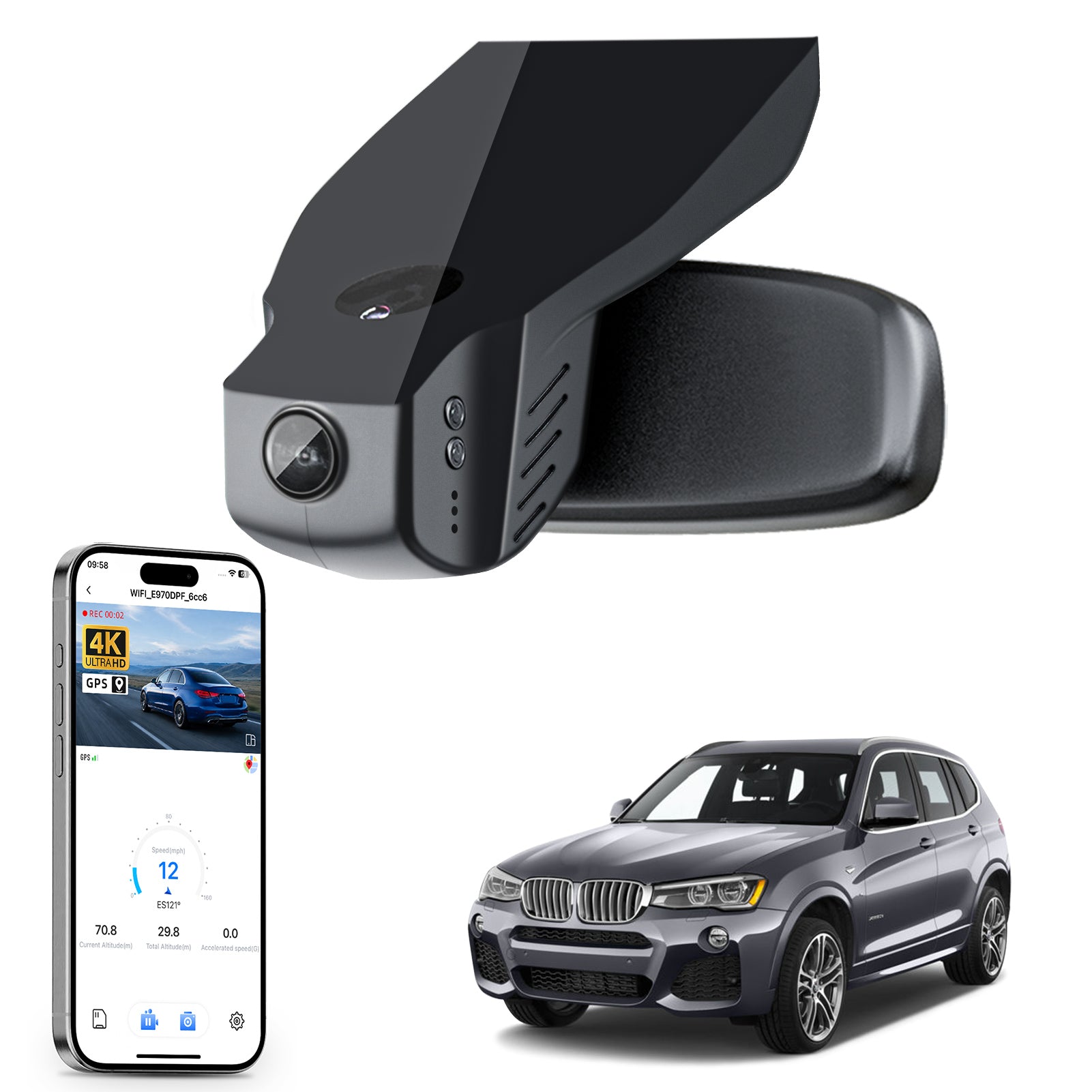 Mangoal rearview mirror built-in dash cam with smartphone app control, 4K Ultra HD recording, GPS tracking, and BMW X3 Gen2 models in the background.