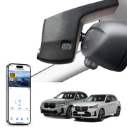 Mangoal rearview mirror built-in dash cam with smartphone app control, 4K Ultra HD recording, GPS tracking, and BMW X3 Gen3 models in the background