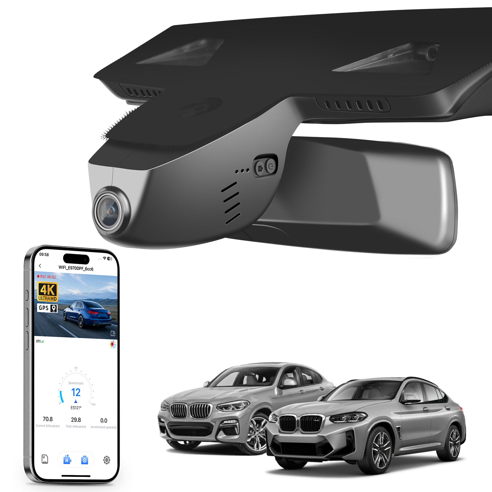 Mangoal rearview mirror built-in dash cam with smartphone app control, 4K Ultra HD recording, GPS tracking, and BMW X4 Gen2 models in the background.