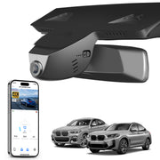 Mangoal rearview mirror built-in dash cam with smartphone app control, 4K Ultra HD recording, GPS tracking, and BMW X4 Gen2 models in the background.