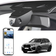 Mangoal rearview mirror built-in dash cam with smartphone app control, 4K Ultra HD recording, GPS tracking, and BMW X5 Gen4 models in the background.