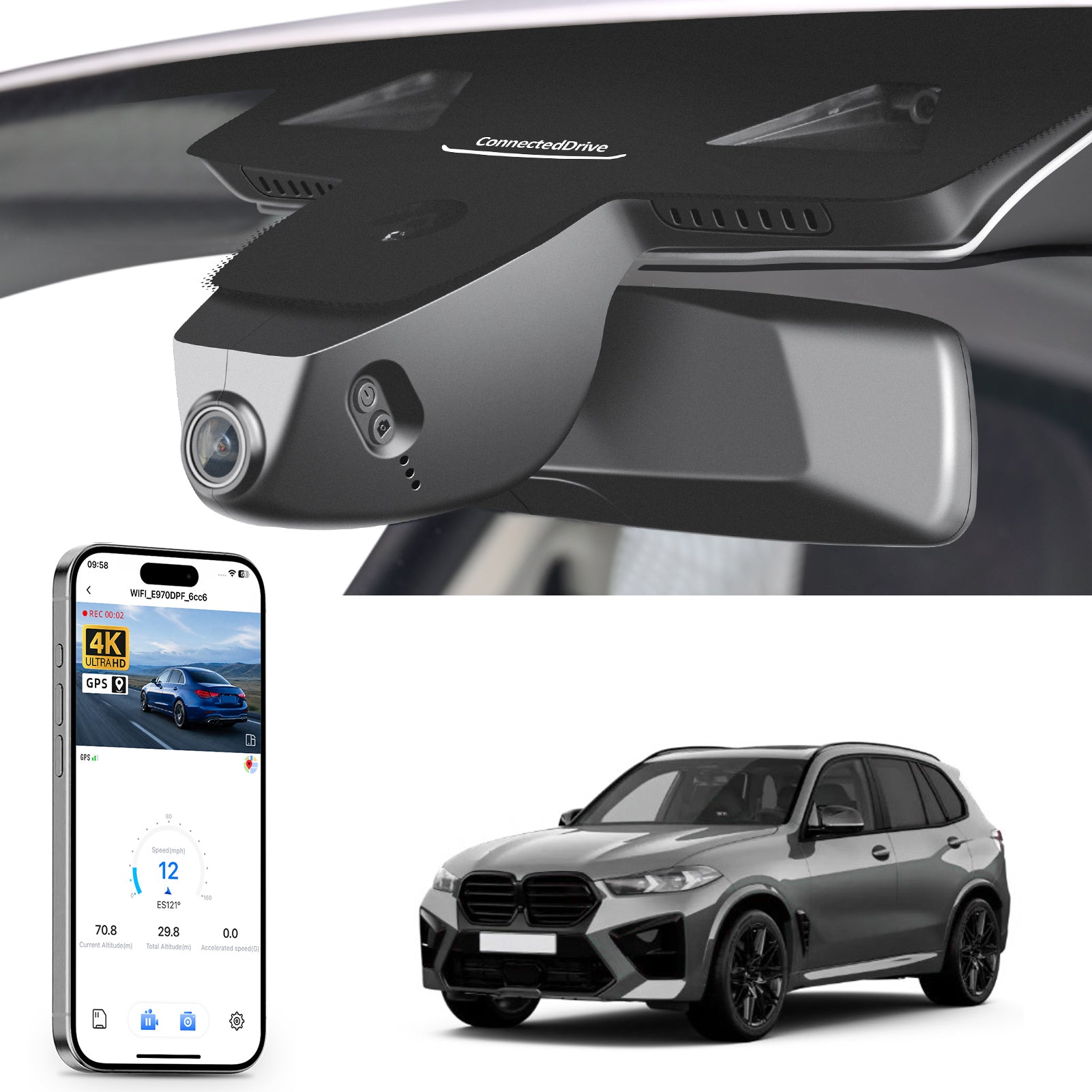 Mangoal rearview mirror built-in dash cam with smartphone app control, 4K Ultra HD recording, GPS tracking, and BMW X5 Gen4 models in the background.
