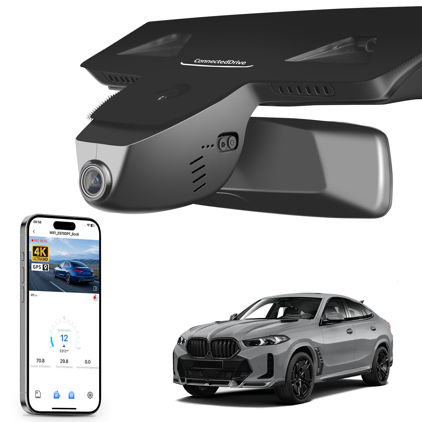 Mangoal rearview mirror built-in dash cam with smartphone app control, 4K Ultra HD recording, GPS tracking, and BMW X6 Gen3 models in the background.