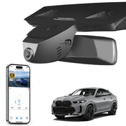 Mangoal rearview mirror built-in dash cam with smartphone app control, 4K Ultra HD recording, GPS tracking, and BMW X6 Gen3 models in the background.