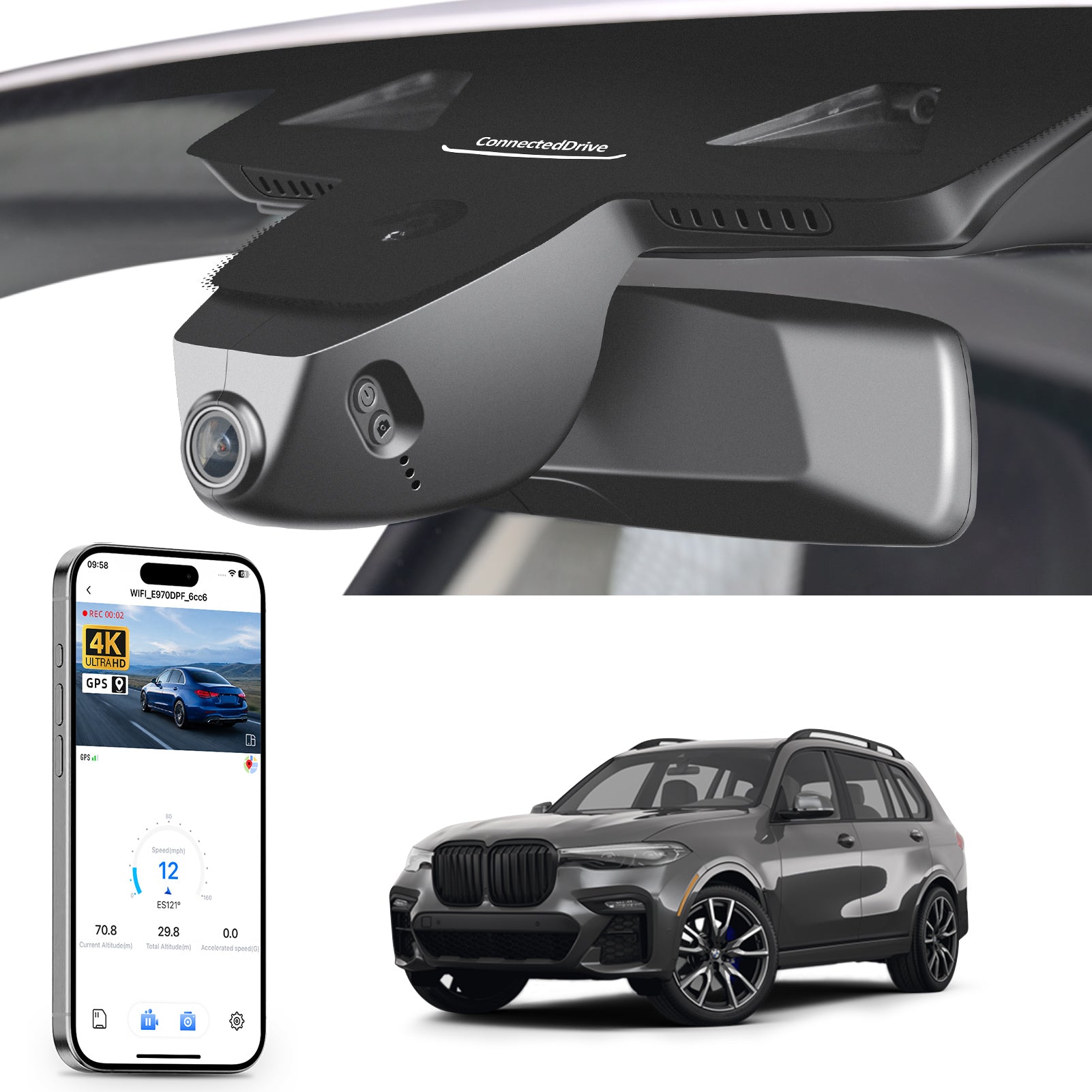 Mangoal rearview mirror built-in dash cam with smartphone app control, 4K Ultra HD recording, GPS tracking, and BMW X7 Gen1 models in the background.
