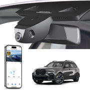 Mangoal rearview mirror built-in dash cam with smartphone app control, 4K Ultra HD recording, GPS tracking, and BMW X7 Gen1 models in the background.