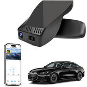 Mangoal rearview mirror built-in dash cam with smartphone app control, 4K Ultra HD recording, GPS tracking, and BMW i4 models in the background.