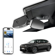 Mangoal rearview mirror built-in dash cam with smartphone app control, 4K Ultra HD recording, GPS tracking, and BMW iX models in the background.