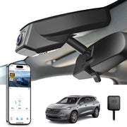 Mangoal rearview mirror built-in dash cam with smartphone app control, 4K Ultra HD recording, GPS tracking, and Buick Enclave models in the background.