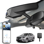 Mangoal rearview mirror built-in dash cam with smartphone app control, 4K Ultra HD recording, GPS tracking, and Buick Envision models in the background.