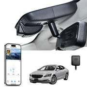 Mangoal rearview mirror built-in dash cam with smartphone app control, 4K Ultra HD recording, GPS tracking, and Buick Lacrosse models in the background.