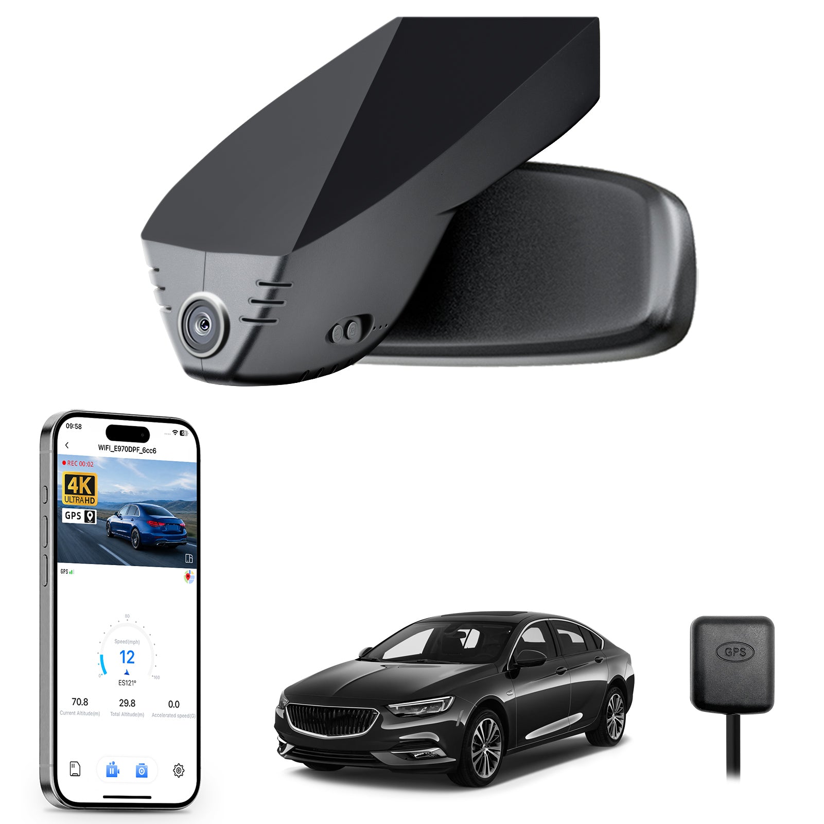 Mangoal rearview mirror built-in dash cam with smartphone app control, 4K Ultra HD recording, GPS tracking, and Buick Regal models in the background.