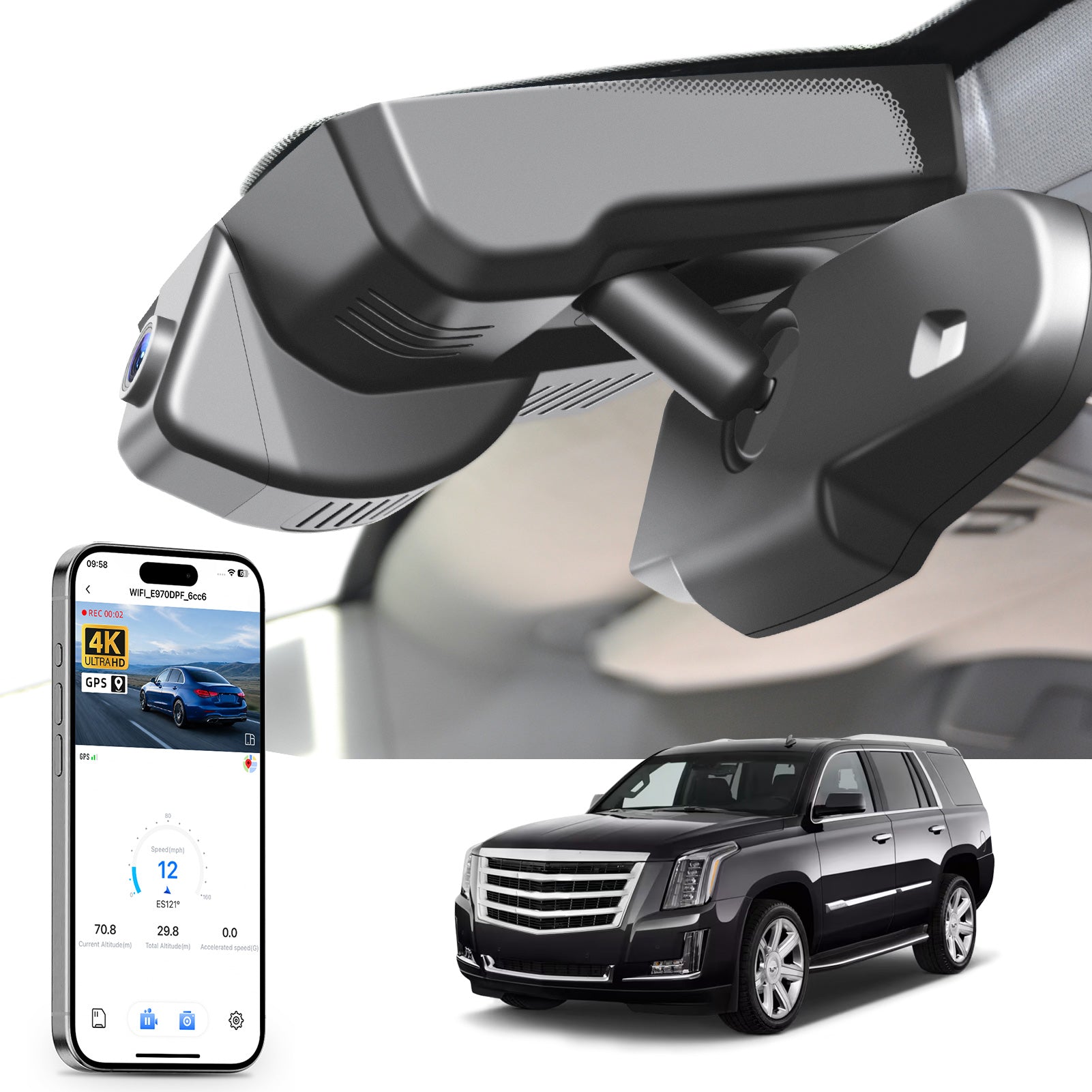 Mangoal rearview mirror built-in dash cam with smartphone app control, 4K Ultra HD recording, GPS tracking, and Cadillac Escalade SUV models in the background.