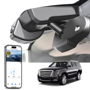 Mangoal rearview mirror built-in dash cam with smartphone app control, 4K Ultra HD recording, GPS tracking, and Cadillac Escalade SUV models in the background.