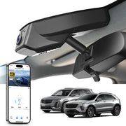 Mangoal rearview mirror built-in dash cam with smartphone app control, 4K Ultra HD recording, GPS tracking, and Cadillac XT5 models in the background.