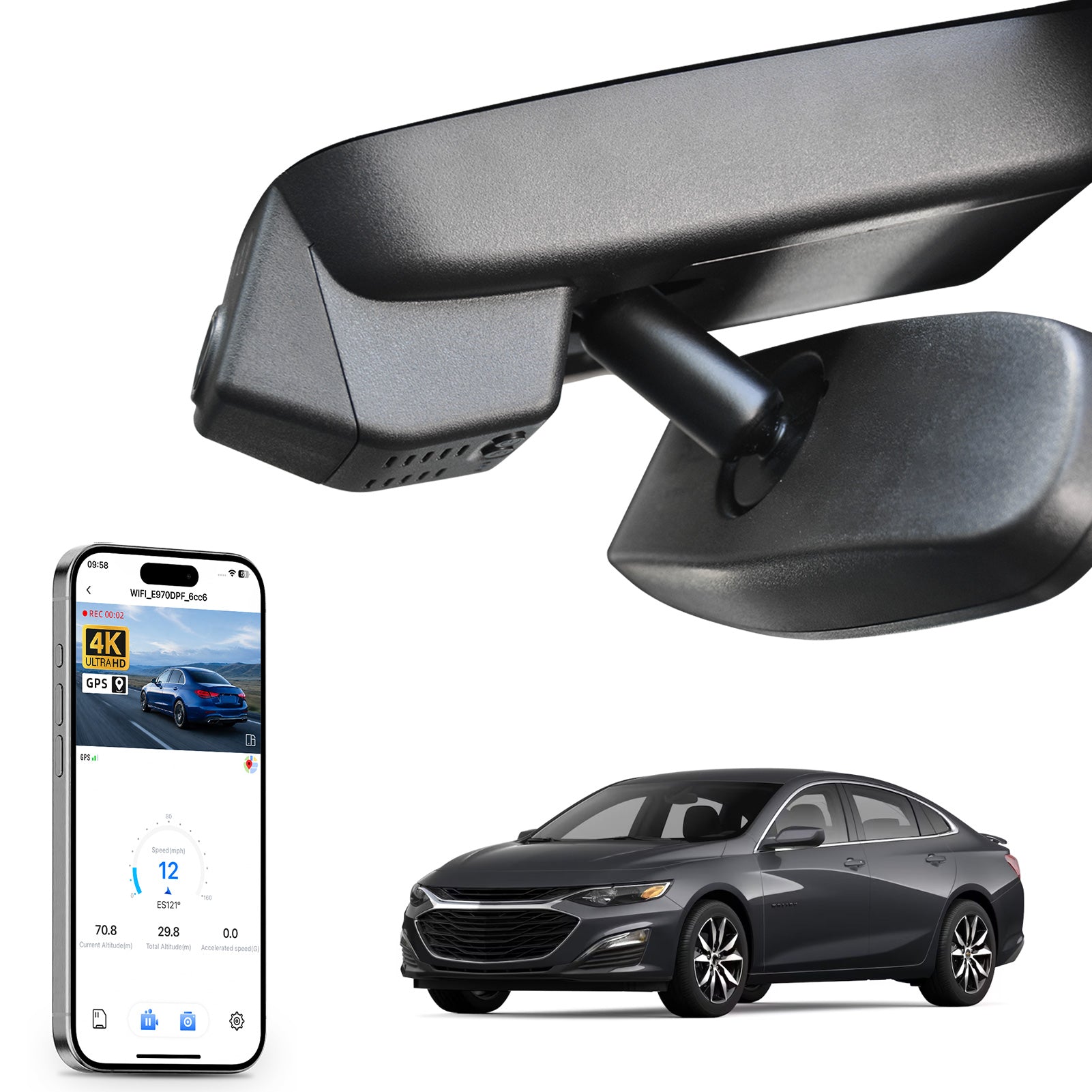 Mangoal rearview mirror built-in dash cam with smartphone app control, 4K Ultra HD recording, GPS tracking, and Chevy Malibu models in the background.