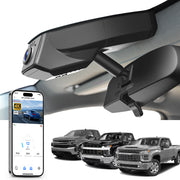 Mangoal rearview mirror built-in dash cam with smartphone app control, 4K Ultra HD recording, GPS tracking, and Chevy Silverado models in the background.