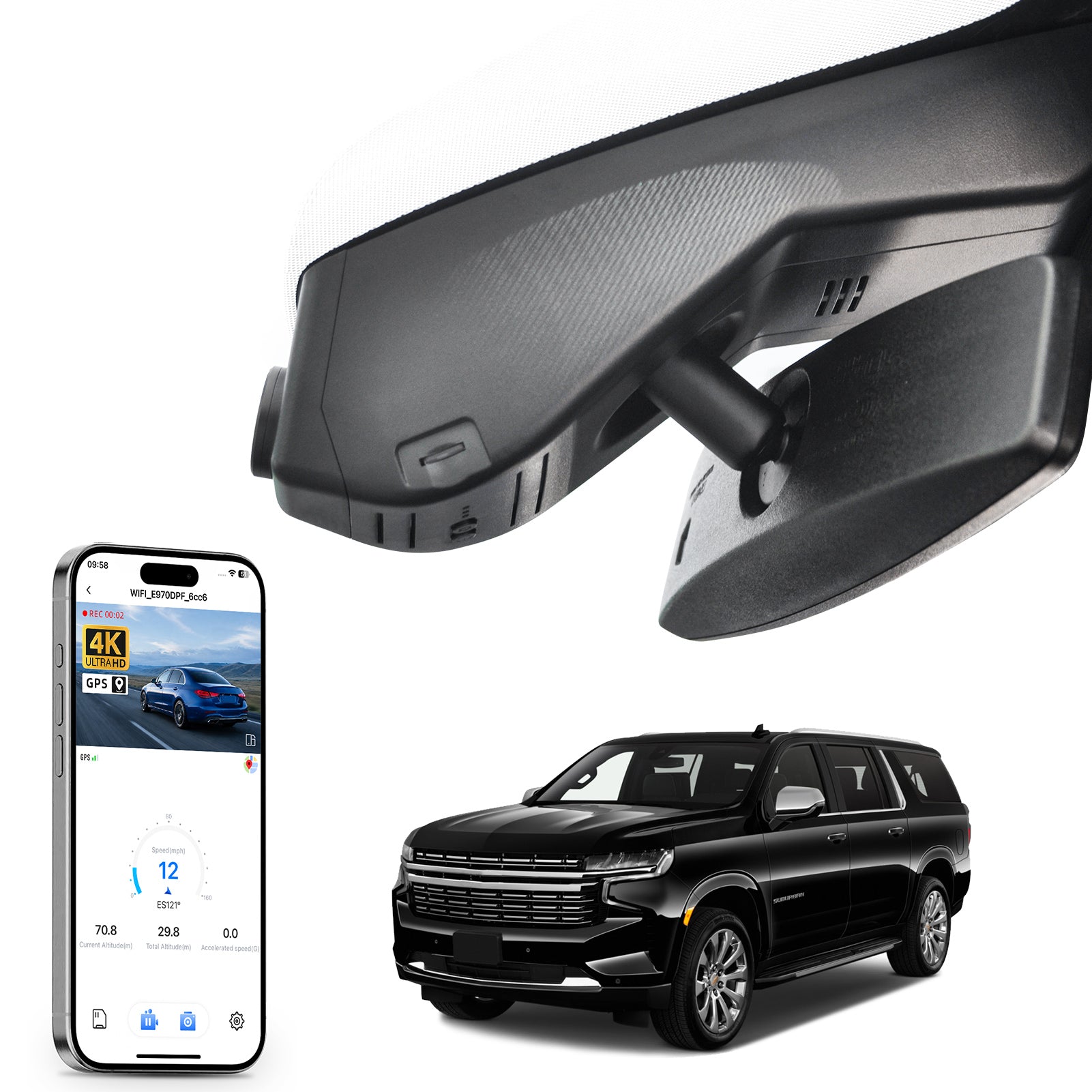 Mangoal rearview mirror built-in dash cam with smartphone app control, 4K Ultra HD recording, GPS tracking, and Chevy Suburban Tahoe models in the background