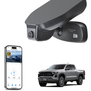 Mangoal rearview mirror built-in dash cam with smartphone app control, 4K Ultra HD recording, GPS tracking, and Chevy Colorado models in the background.